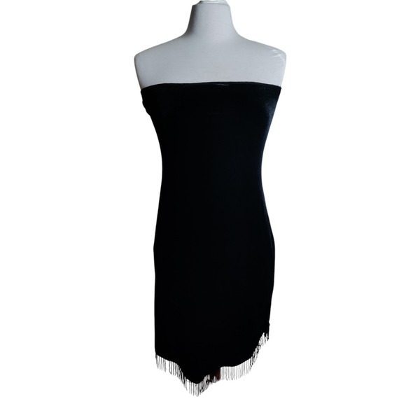 Vtg Black Velvet Tube Strapless Dress Beaded Fringe Y2K Club Sz Large - Picture 1 of 9